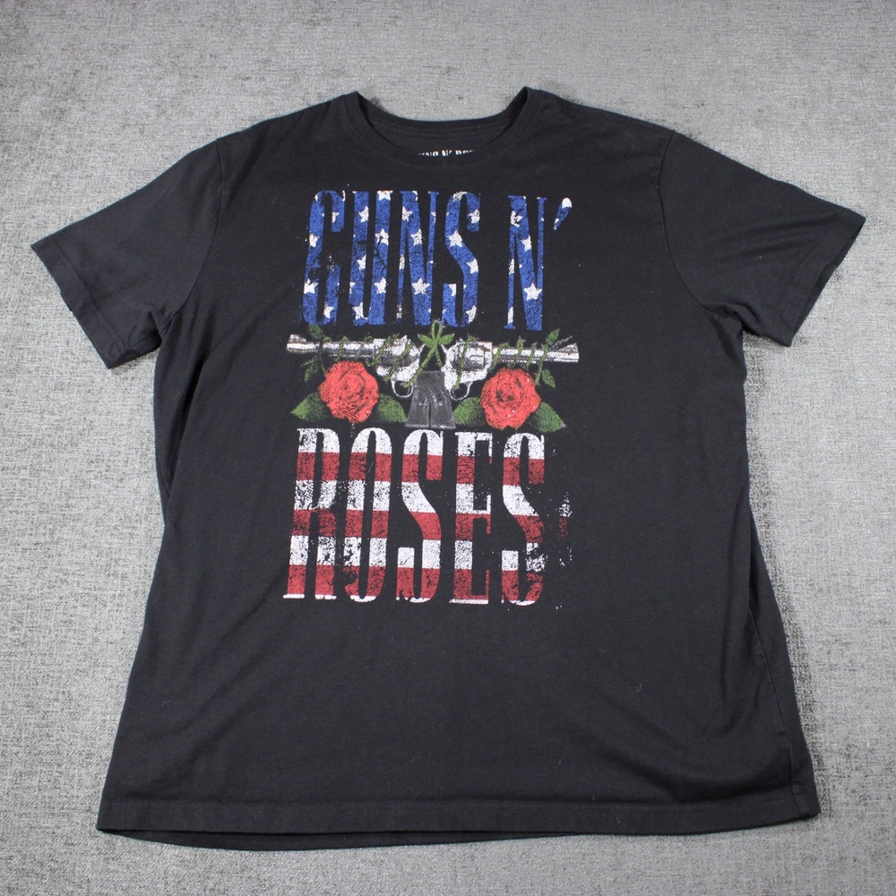 Guns N' Roses Mens XXL Black Graphic T-Shirt American Flag Logo Band Tee 2023